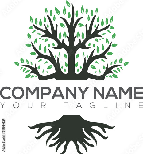 Green Tree and roots logo design vector isolated on white background, Vector illustration silhouette of a tree with round shape