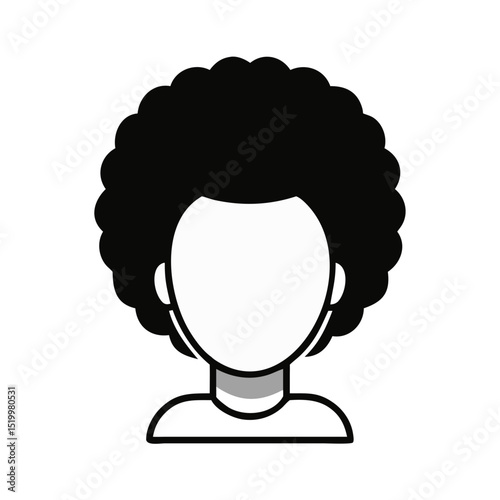 A faceless person with a large afro hairstyle illustrated in black and white
