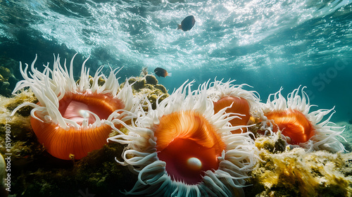 Underwater anemone garden with fish swimming in the ocean sea life coral reef marine biology wildlife
