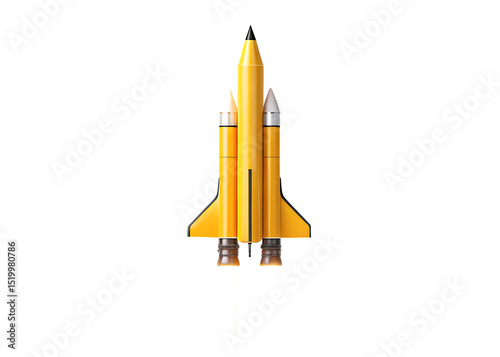 A yellow rocket ship taking off with flames and smoke isolated on a black background in a studio shot