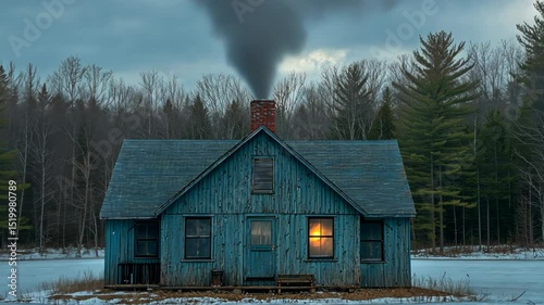 Rustic cabin in winter, smoke rising