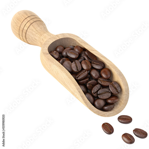 Brown roasted coffee beans fill a wooden scoop and spoon, alongside a cup, highlighting the rich aroma of the caffeinated drink
