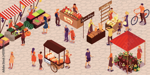 Flat cartoon character scene vector illustrations, markets, street stalls, flea markets, shopping malls, urban buildings, design materials