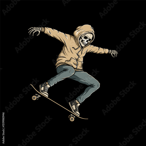 vintage hand drawing style of skull playing skateboard