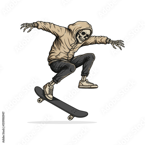 vintage hand drawing style of skull playing skateboard