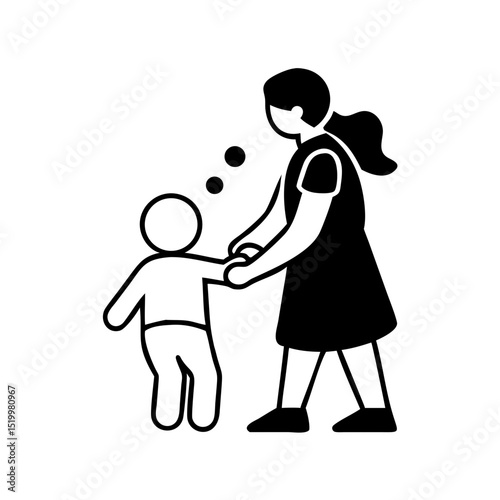 A young girl helps a toddler take their first steps learning to walk caregiver assistance childhood development