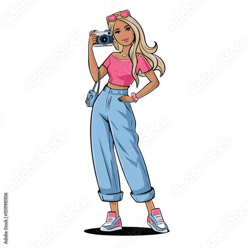 Beautiful young woman in fashion, a smiling blonde student, casually posing with headphones and a phone, listening to music
