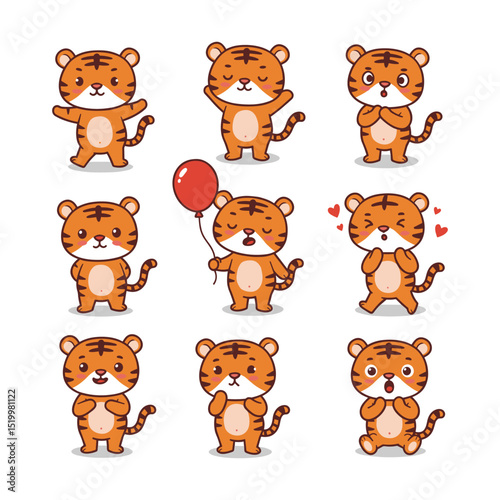 Cute Tiger Character Engaged in Different Activity Vector Set