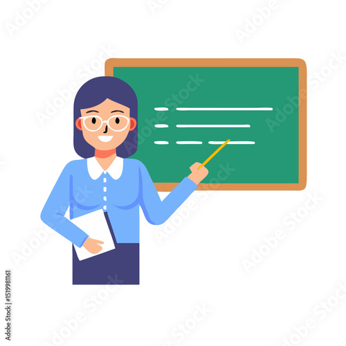 A female teacher is standing in front of a chalkboard giving a lesson or presentation