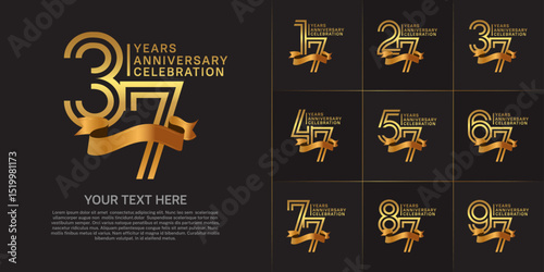 Anniversary logo type set with double line number. golden color with gold ribbon for celebration event