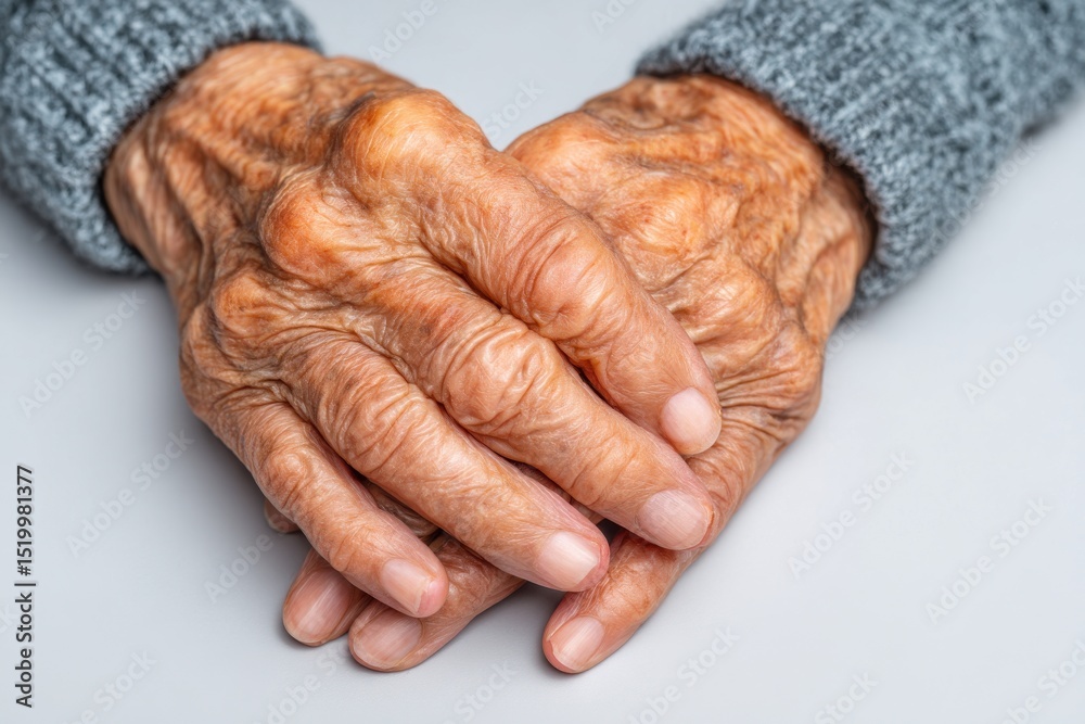 Fototapeta premium Detailed close-up of elderly woman's wrinkled hands, showing the natural signs of aging, and wearing a grey woollen knitted sweater and pale skin tones.