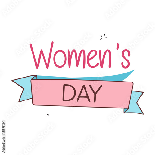 Happy Women's Day Celebration Banner Illustration Design Featuring Pink Ribbon and Blue Accents