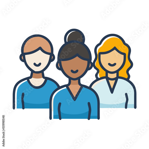 A diverse group of three female healthcare professionals smiling together in a team