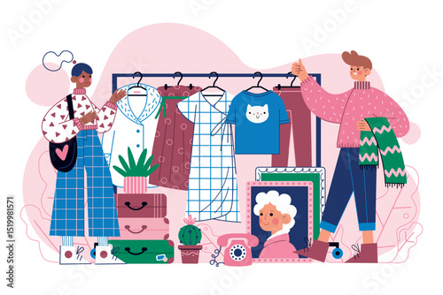 Flat cartoon character scene vector illustrations, markets, street stalls, flea markets, shopping malls, urban buildings, design materials