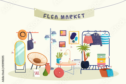 Flat cartoon character scene vector illustrations, markets, street stalls, flea markets, shopping malls, urban buildings, design materials