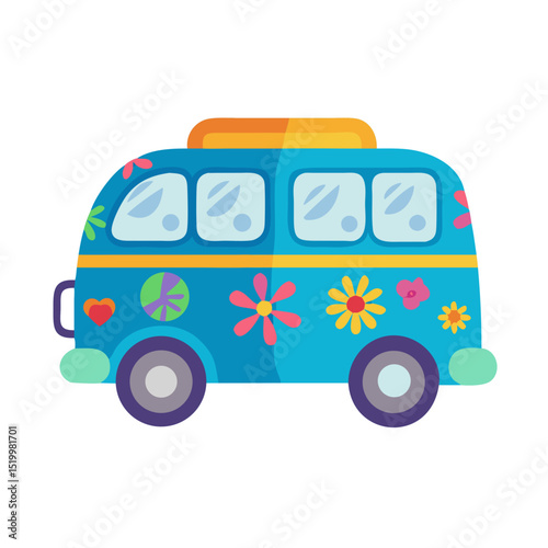 Groovy Blue Peace Van with Flower Power Designs A Colorful Retro Hippie Bus Illustration