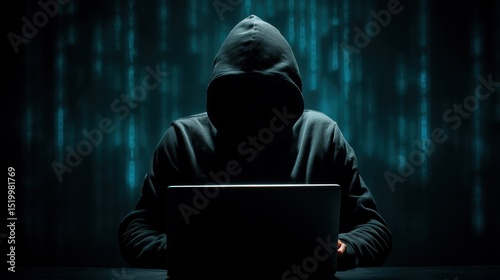 Hooded hacker typing laptop in dark room cybersecurity awareness digital environment suspenseful viewpoint