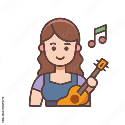 A happy woman with brown hair wearing a purple top enjoys music with a ukulele