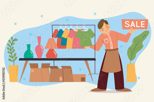 Flat cartoon character scene vector illustrations, markets, street stalls, flea markets, shopping malls, urban buildings, design materials