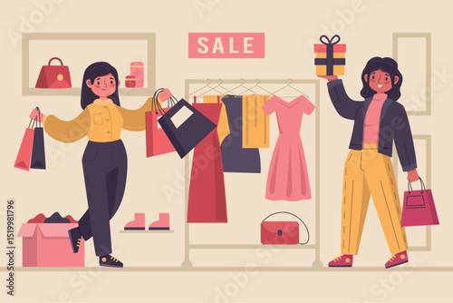 Flat cartoon character scene vector illustrations, markets, street stalls, flea markets, shopping malls, urban buildings, design materials