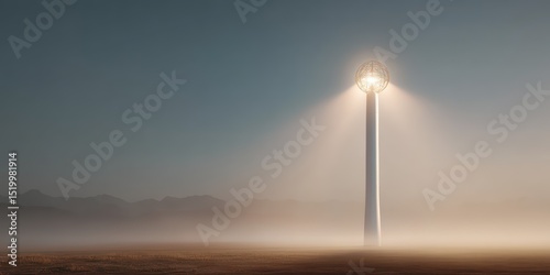 Glowing wind turbine in misty landscape clean energy concept nature environment serene viewpoint
