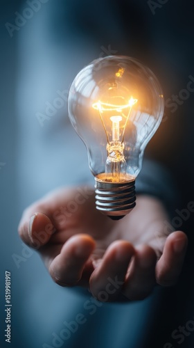 Innovative business idea generation with glowing light bulb in hand creative workspace close-up perspective