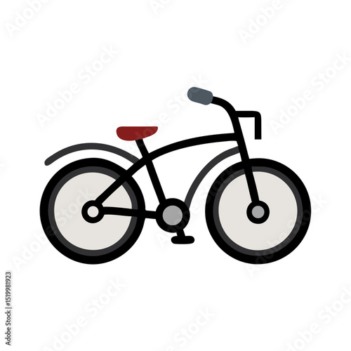 A Classic Black Cruiser Bicycle Illustration with Red Seat and Thick Tires