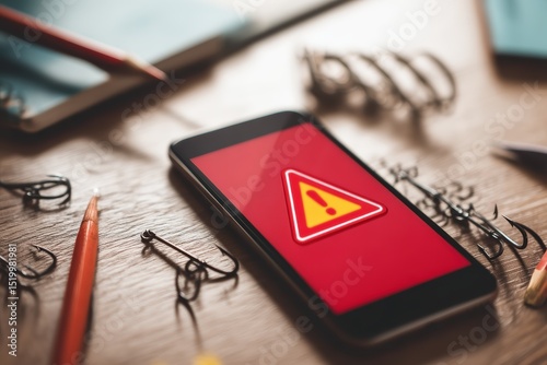Phishing alert popup smartphone screen home office digital warning indoor close-up cybersecurity awareness