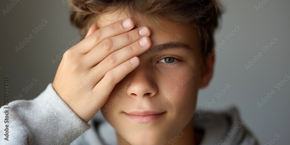 Fototapeta premium Smiling caucasian teen boy covering eye with hand in casual hoodie