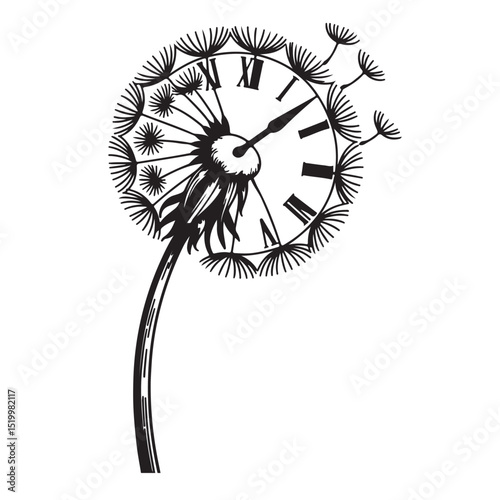 Black and white vector dandelion clock illustration design concept symbol