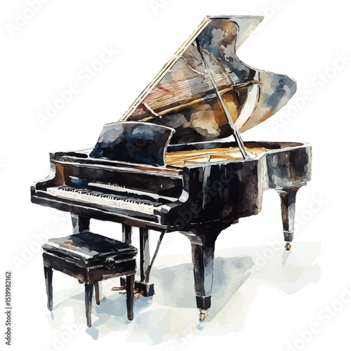 Acoustic Piano, watercolor clipart vector, high quality, isolated on a white background.