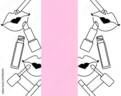 Lips Makeup tools seamless border vertical frame template. Vector graphic line illustration. Black and white cosmetic makeup art. Beauty parlor illustration, packaging, cosmetics shop
