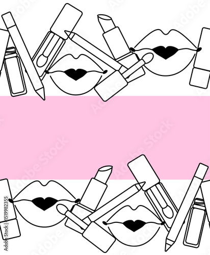 Lips Makeup tools seamless border horizontal frame template. Vector graphic line illustration. Black and white cosmetic makeup art. Beauty parlor illustration, packaging, cosmetics shop