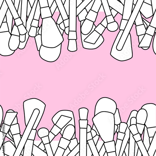 Makeup brushes seamless border horizontal frame template. Vector graphic line illustration. Black and white cosmetic makeup art. illustration for package, vacation design, fabric and textile