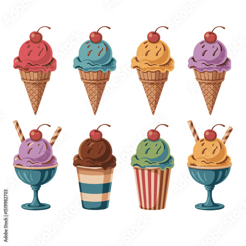 Delicious vector ice cream collection with cakes, cupcakes, and sweet chocolate desserts, perfect for a cute birthday party celebration pattern