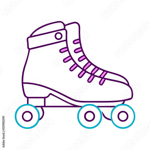 A single quad roller skate illustration featuring purple laces and teal wheels