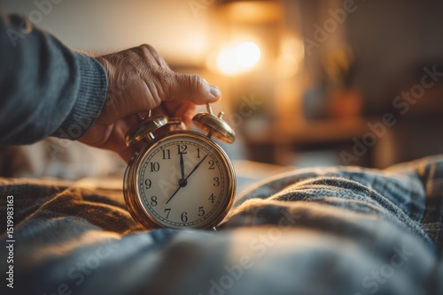 Man reaching to turn off the ringing alarm clock on the bed in the morning, ready to start the day and to wake up on time for an important meeting.