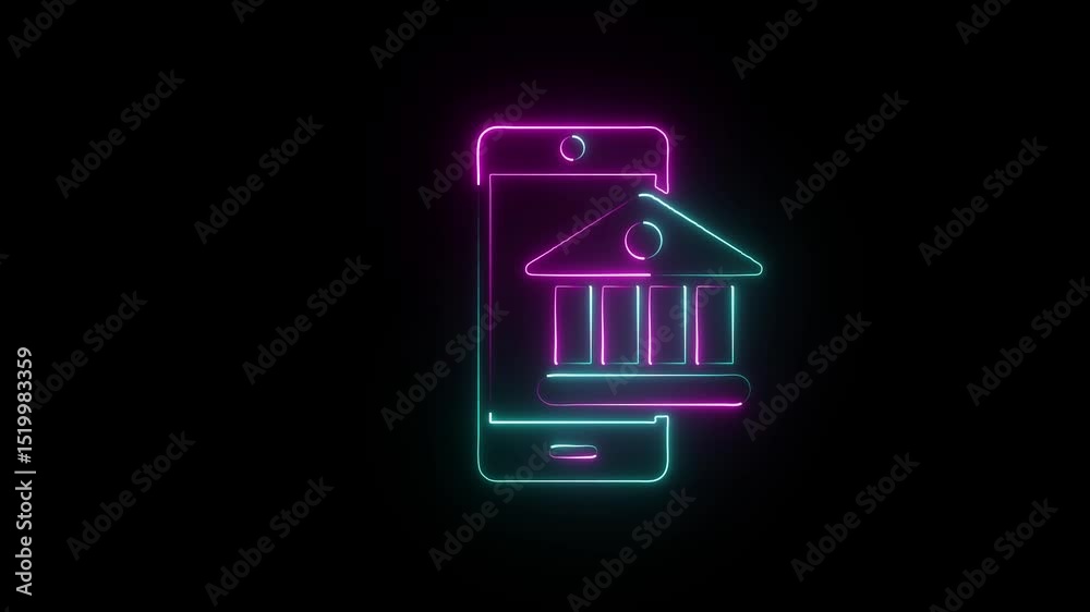 Cell phone icon with secure bank, animated neon light with black background .Mobile payment icon isolated animation . Cell phone icon with secure bank, animated neon light with black background .Mobile payment icon isolated animation .