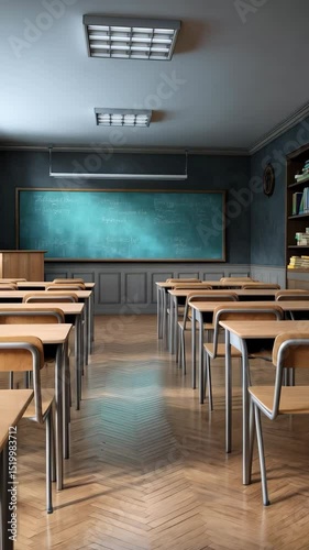 Empty classroom features student desks in organized rows with a chalkboard and podium, creating a space for education and learning.