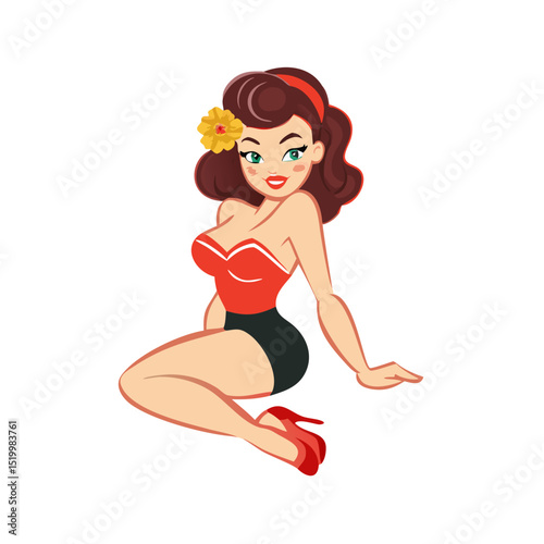 Retro Pinup Girl Posing in a Red and Black Swimsuit with a Flower in Her Hair