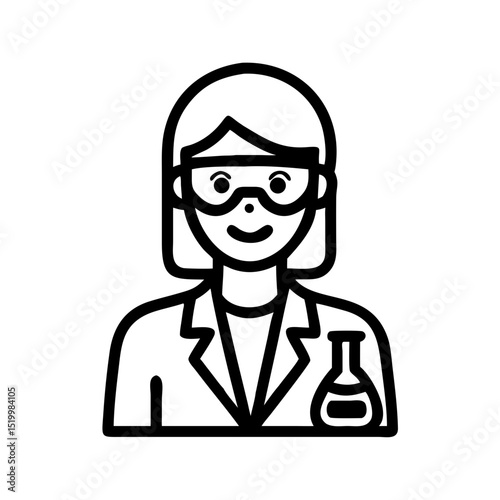 A female scientist icon wearing safety glasses and lab coat with a beaker