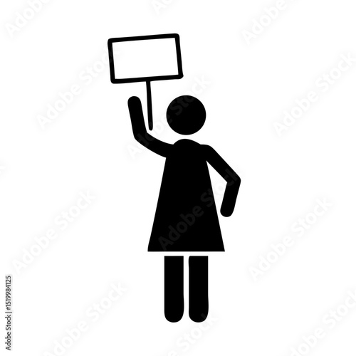 A simple pictogram of a woman holding a blank sign a protestor demonstrating