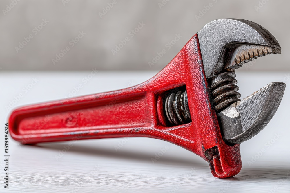 Obraz premium Close-up of a sturdy, red adjustable wrench, a versatile tool used for tightening nuts and bolts in various mechanical and plumbing applications, isolated on white.