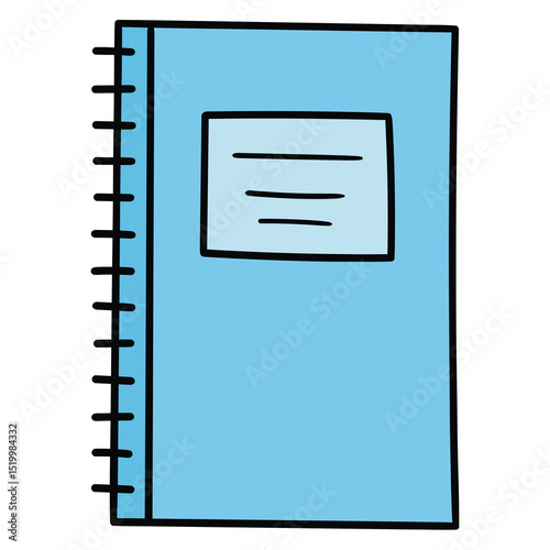 Hand drawn cartoon closed blue notebook on white background.
