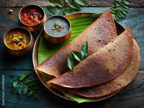 Crispy Ragi Dosa Served on Banana Leaf with Brass Bowls of Chutneys