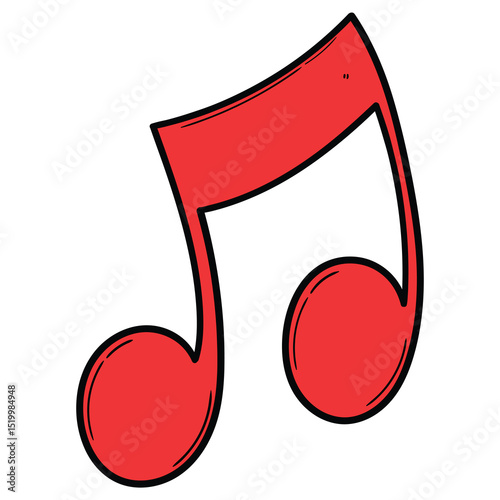Hand drawn cartoon red musical note on white background.