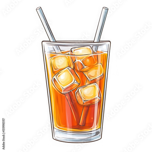 Iced tea in glass with straws isolated on transparent background