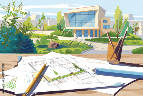 Illustration of a cityscape with cedar pollen flying around. Isometric drawing.