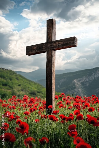 wooden cross standing tall in a field of blooming poppies, embodying the sacrificial love and redemption of Christ's crucifixion