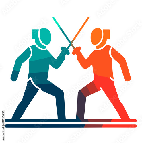Dynamic vector illustration of fencers in combat showcasing the sport of fencing in vibrant colors on transparent background for sports branding, athletic events, and training materials